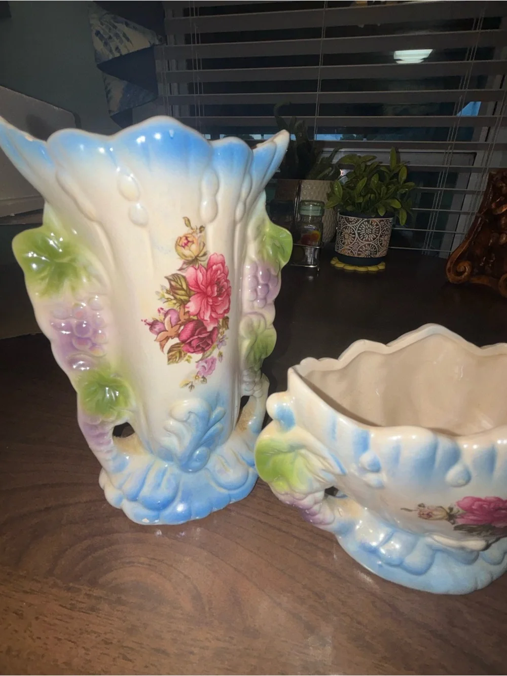Vintage Floral Ceramic Vase and Bowl Set - Blue, Pink & Green